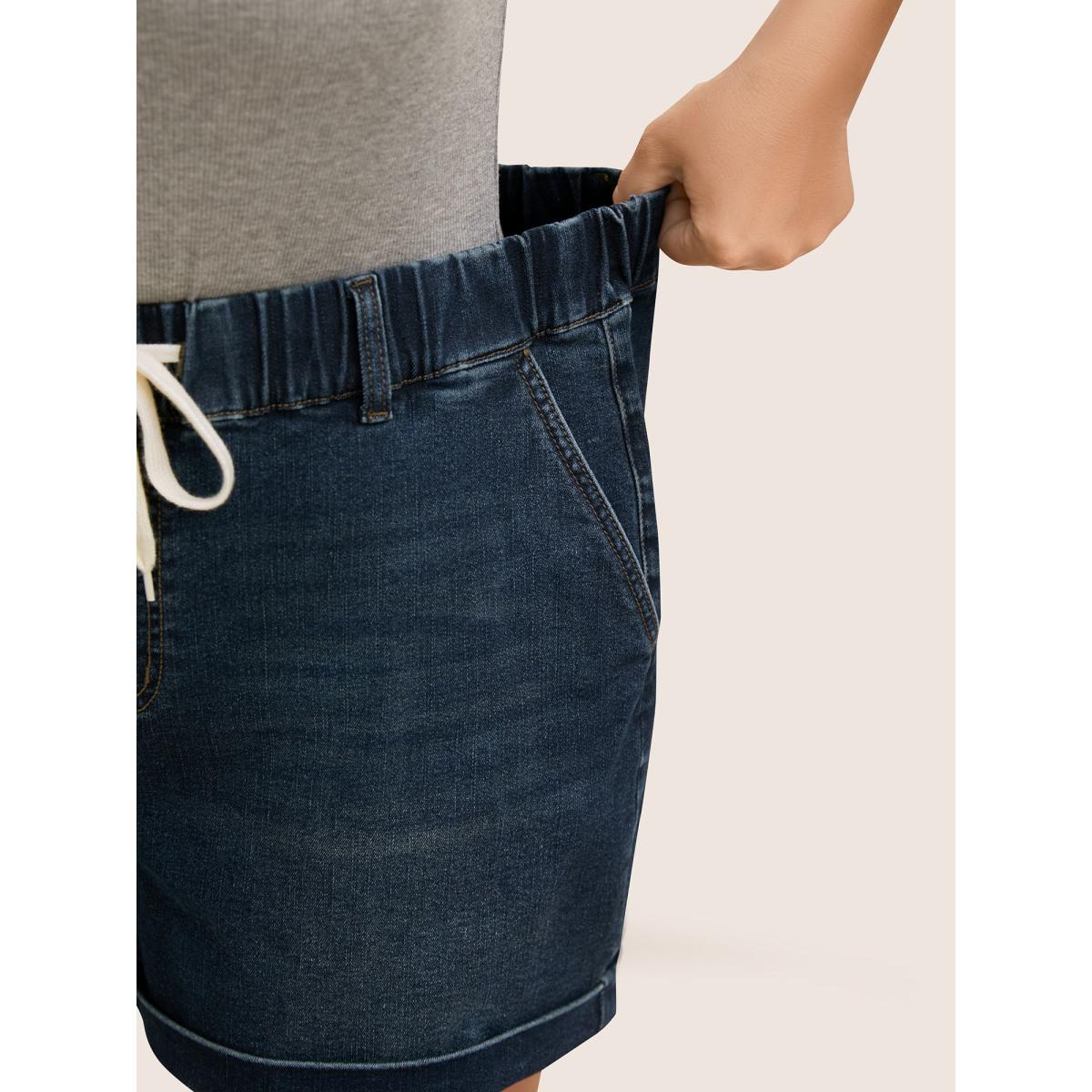 Plus Size Dark Wash Drawstring Roll Hem Denim Shorts Women Denimblue Roll Hem High stretch Everyday Slanted pocket Casual Denim Shorts BloomChic 28/5X Product Image