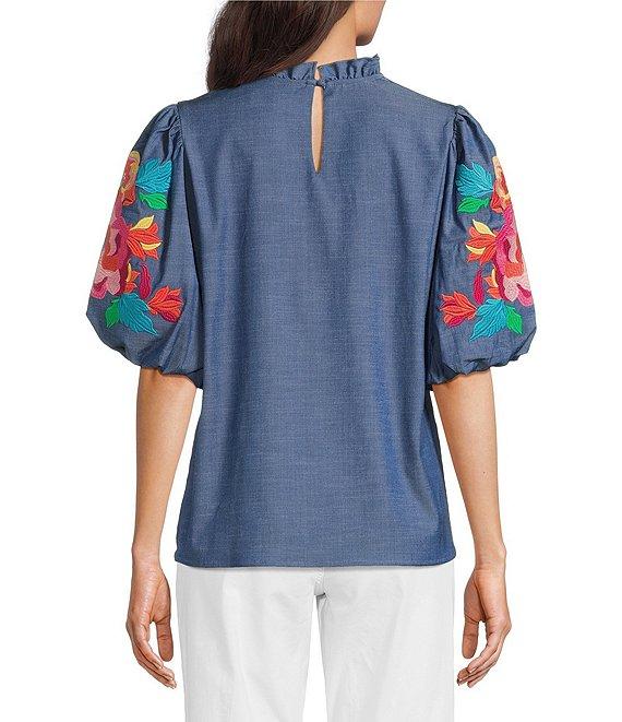 Calessa Petite Size Embroidered Elbow Sleeve Ruffle Mock Neck Tunic Product Image