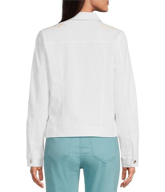 Code Bleu Floral Embroidered Point Collar Long Sleeve Denim Jacket Product Image