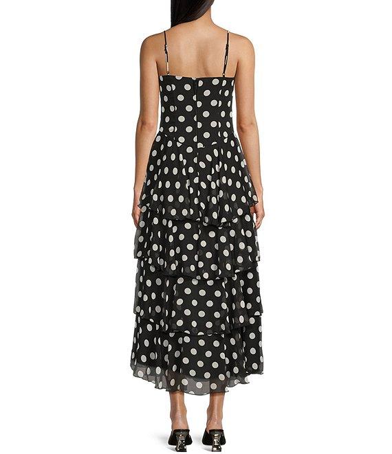 City Vibe Polka Dot Bandeau Bodice Spaghetti Strap Rosette Front High-Low Ruffled Tiered Dress Product Image