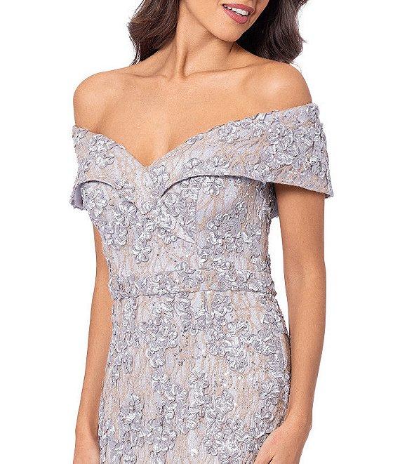 Xscape Embroidered Off-the-Shoulder Short Sleeve Lace A-line Gown Product Image