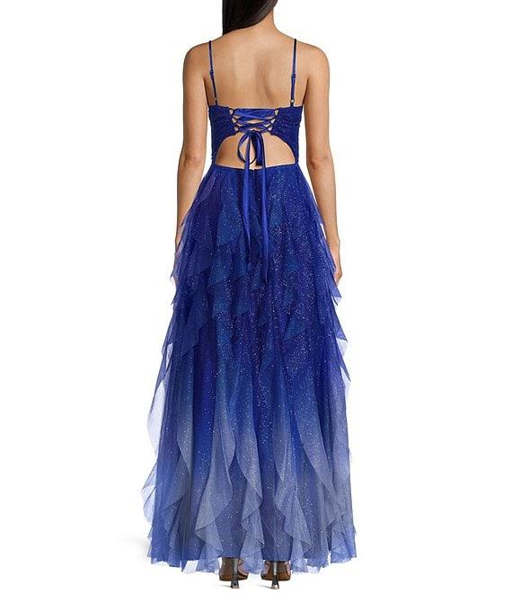 Pear Culture Glitter Mesh Ombre Sweetheart Neck Spaghetti Strap Dress Product Image