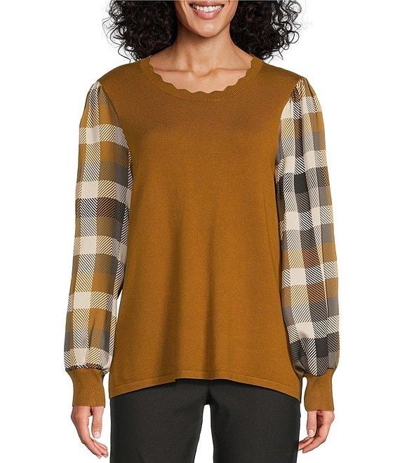 Multiples Mixed-Media Scalloped Neck Long Plaid Sleeve Fitted Sweater Product Image