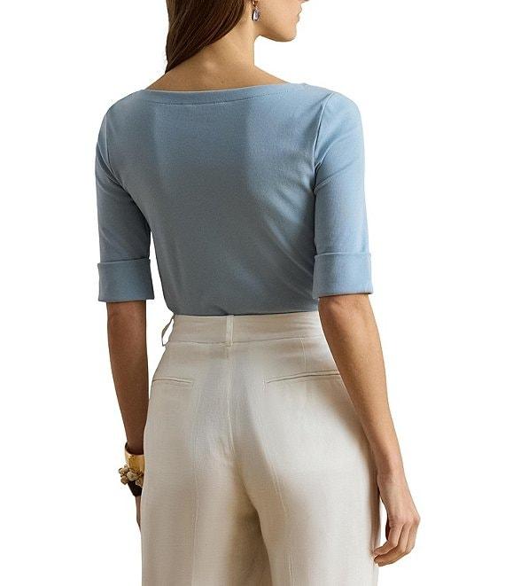 Lauren Ralph Lauren Petite Size Stretch Cotton Knit Boat Neck Elbow Sleeve Tee Product Image