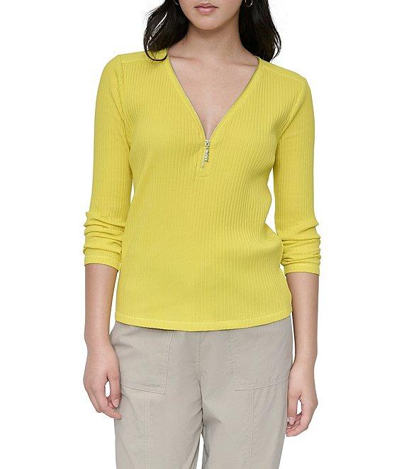 DKNY by Donna Karan Ribbed Knit Zip-Up V-Neck Long Sleeve Top Product Image