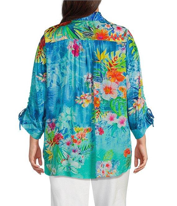 John Mark Plus Size Tropical Floral Print Point Collar Elbow Cinched Tie Sleeve Button Front Tunic Product Image
