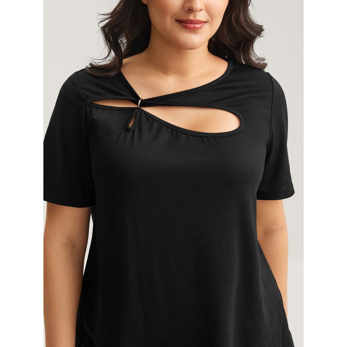Plus Size Neck Cut-Out Round Neck T-Shirt Black Women Leisure Cut-Out Asymmetrical Neck Casual T-shirts BloomChic 26/4X Product Image