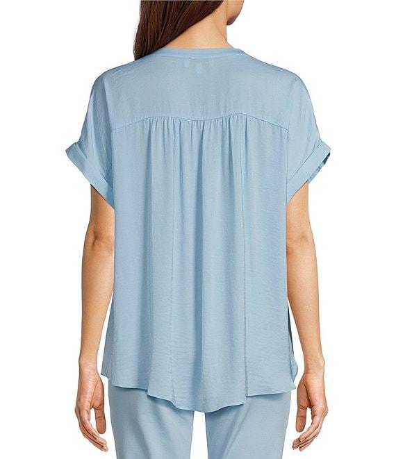 Gibson & Latimer Moonshadow Satin Split Round Neck Dropped Short Roll Tab Sleeve Hi-Low Shirttail Blouse Product Image