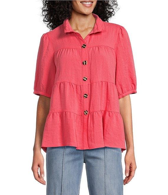 John Mark Wire Collar Short Sleeve Tiered Button-Front Top Product Image