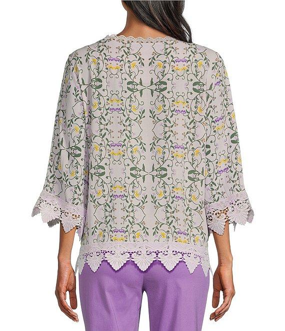 Allison Daley Trellis Floral Print 3/4 Sleeve Crew Neck Lace Detail Blouse Product Image