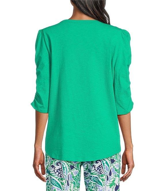 Investments Petite Size 3/4 Ruched Sleeve Crew Neck Top Product Image
