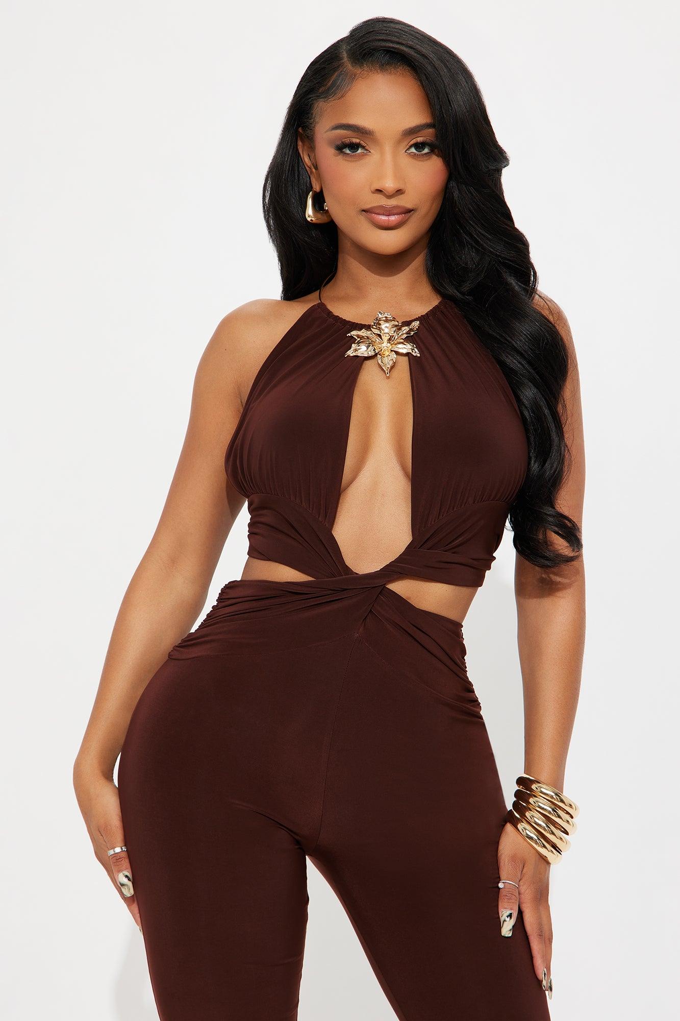Crossing Paths Halter Jumpsuit - Chocolate Product Image