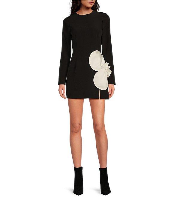 Gianni Bini Layla Crepe Crew Neck Long Sleeve Flower Applique Mini Dress Product Image