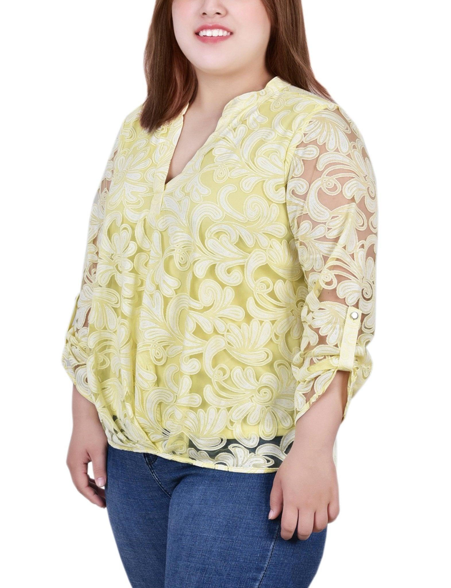 Yellow Scrolleaf Long Sleeve Burnout Y Neck Blouse - Plus Product Image