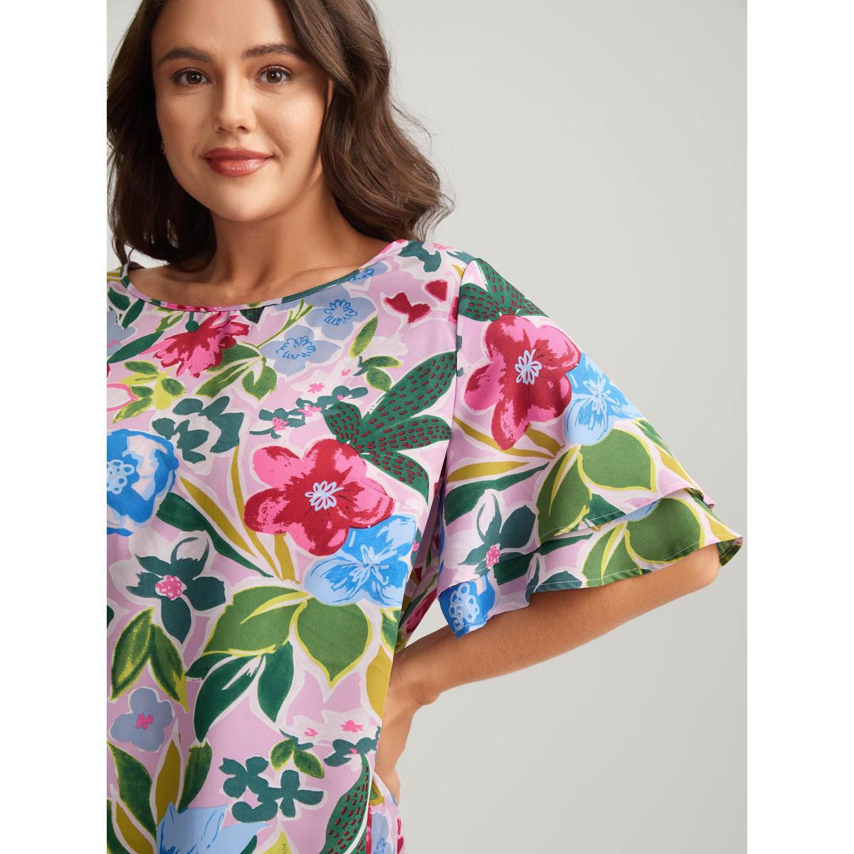 Plus Size Multicolor Sunkissed Floral Lotus Leaf Sleeve Blouse Women Playful Half Sleeve Round Neck Casual Blouses BloomChic 18-20/2X Product Image