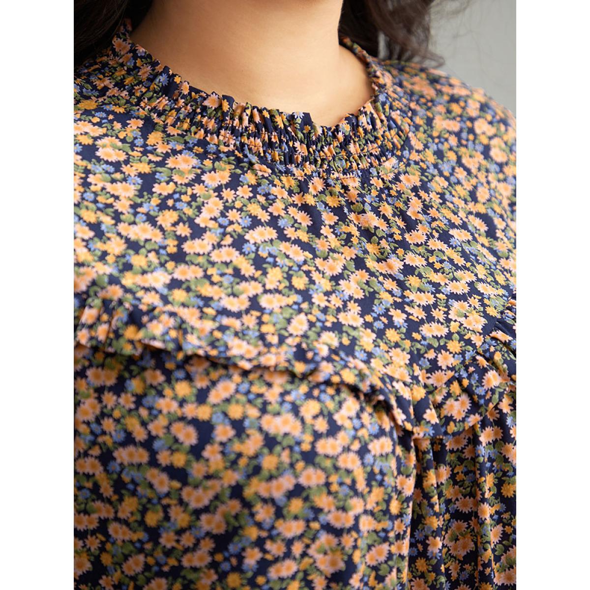 Plus Size Multicolor Ditsy Floral Shirred Ruffle Trim Blouse Women Elegant Long Sleeve Halter neck Dailywear Blouses BloomChic 14-16/1X Product Image
