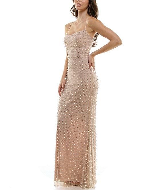 B. Darlin Stones & Pearls Scoop Neck Spaghetti Strap Maxi Dress Product Image