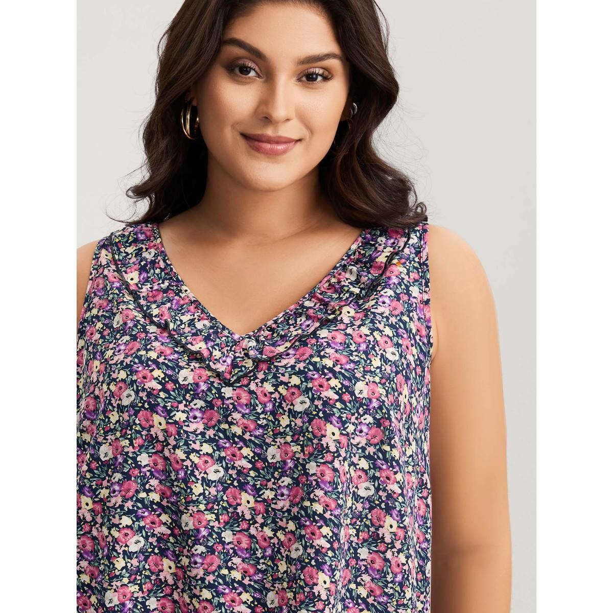 Plus Size Floral Print Lotus Neck Tank Top Women Indigo Timeless Ruffles V-neck Elegant Tank Tops Camis BloomChic 14-16/1X Product Image
