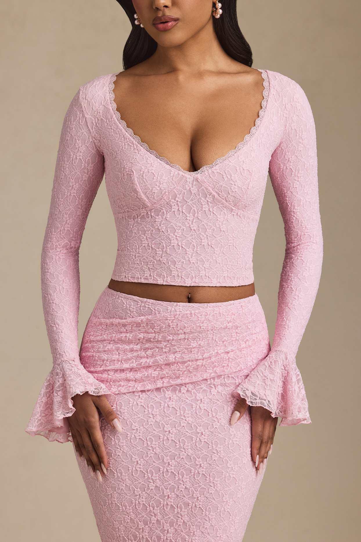 Ruffle Long-Sleeve Lace Top in Soft Pink Product Image