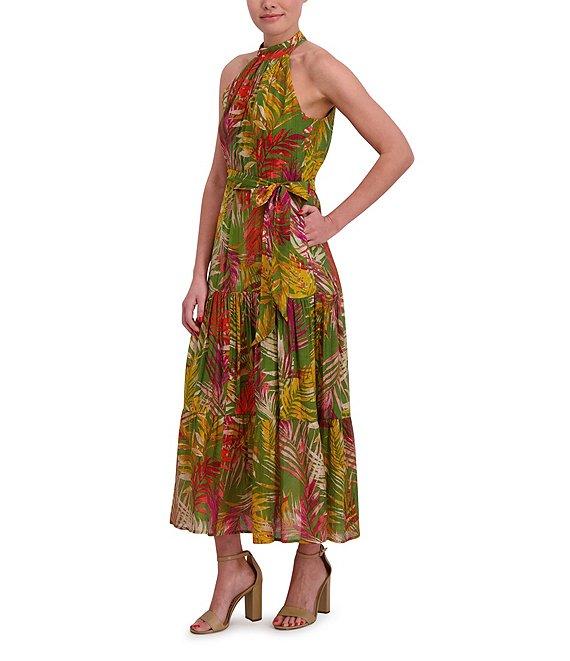 Anne Klein Halter Neck Sleeveless Tropical Print Chiffon Tiered Maxi Dress Product Image