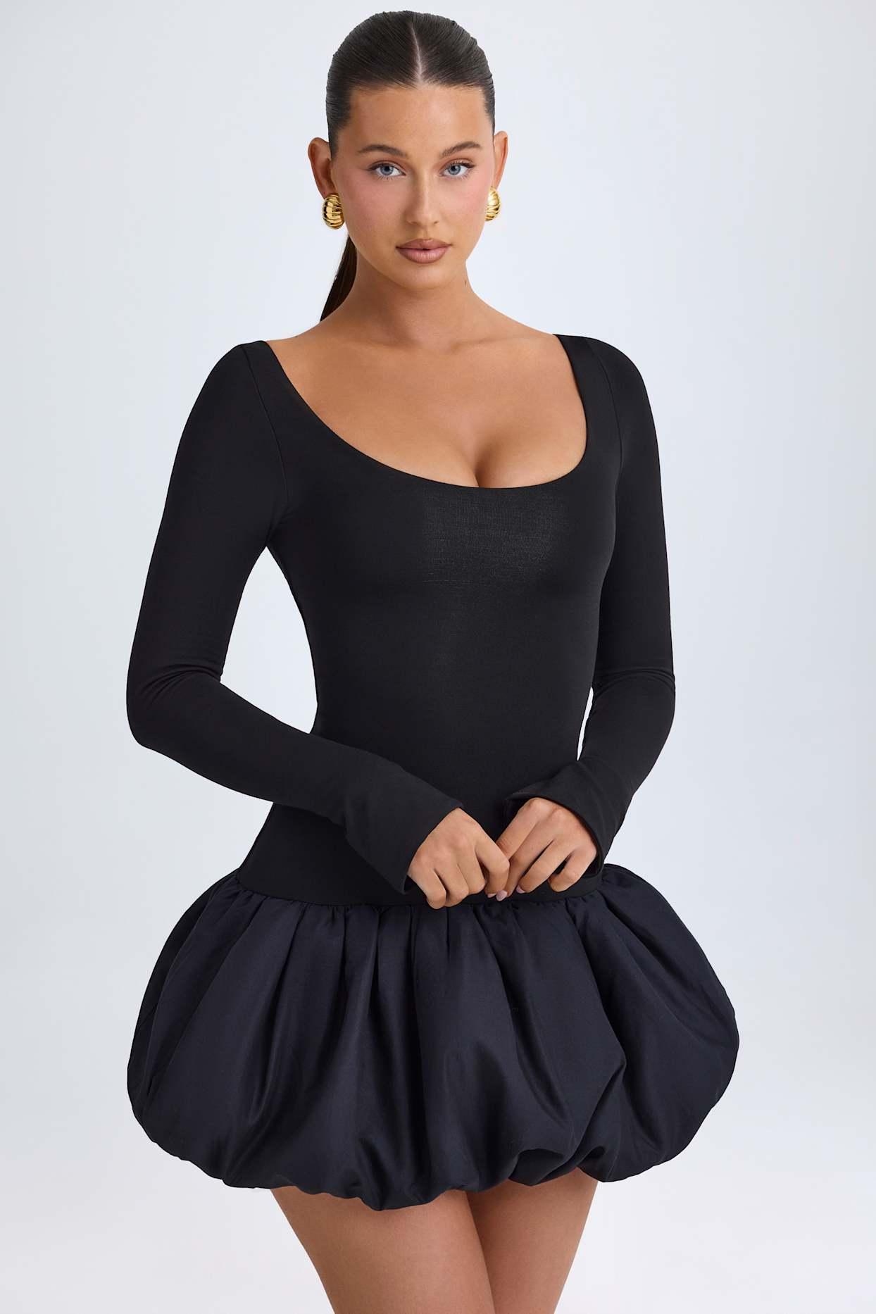 Scoop-Neck Drop-Waist Bubble Hem Mini Dress in Black Product Image