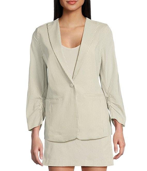 Takara Striped Notch Collar 3/4 Sleeve Shirred Blazer Jacket Product Image