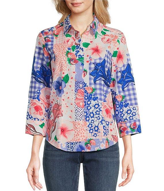 Foxcroft June Printed Collared Neck 3/4 Sleeve Top Product Image