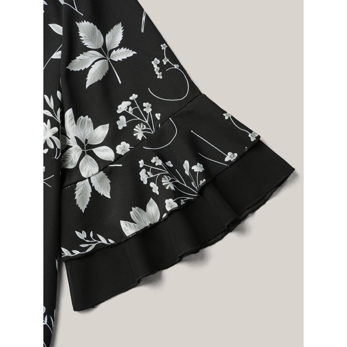 Plus Size Black Floral Print Ruffled V-Neck Shirt Women Timeless Half Sleeve V-neck Elegant Blouses BloomChic 14-16/1X Product Image