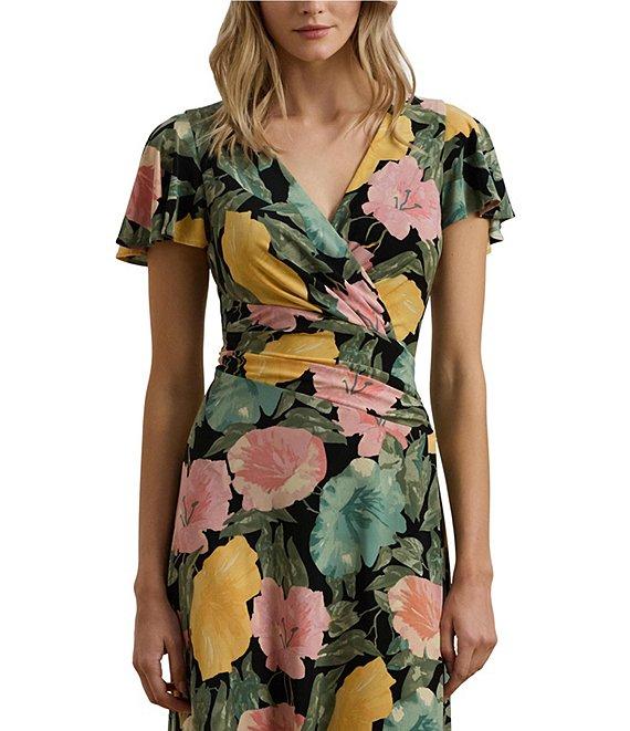 Lauren Ralph Lauren Stretch Jersey Floral Print V Neck Short Sleeve Sheath Knee Length Dress Product Image