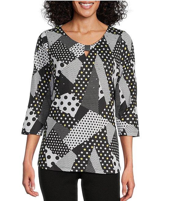 Allison Daley Dot Patches Print 3/4 Sleeve Keyhole Neck Knit Top Product Image