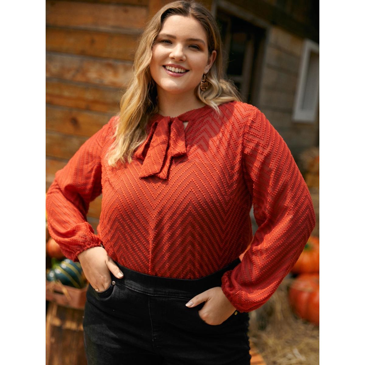 Plus Size Rust Wicked Neck Ribbon Lantern Sleeve Blouse Women Elegant Long Sleeve Ribbon-tied collar Everyday Blouses BloomChic 28/5X Product Image
