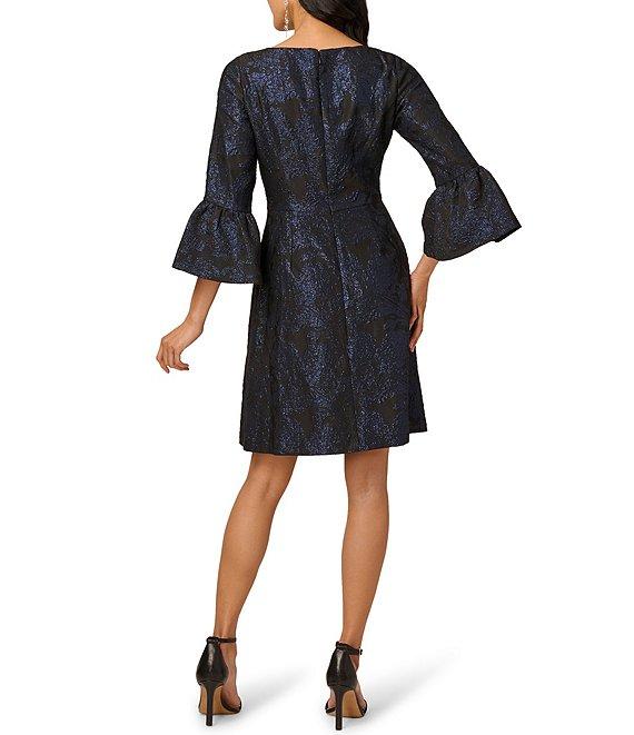 Adrianna Papell Jacquard Metallic Floral Print 3/4 Bell Sleeve A-Line Dress Product Image