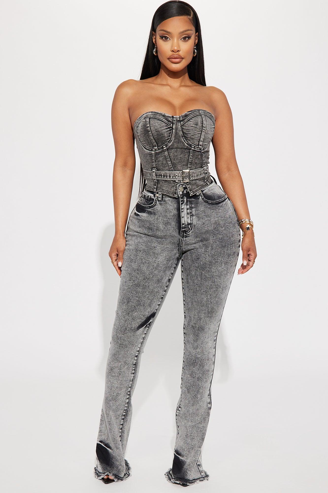 No Invite Stretch Flare Jeans - Acid Wash Black Product Image