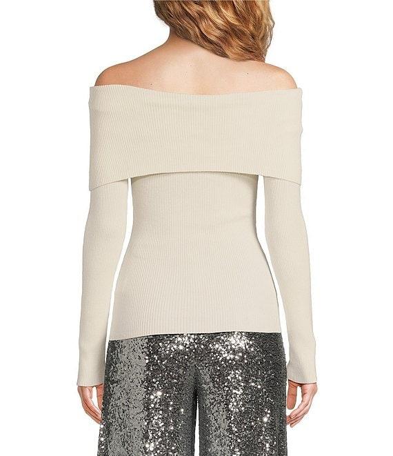 Alex Marie Whitney Ribbed Knit Folded Off-the-Shoulder Long Sleeve Sweater Product Image