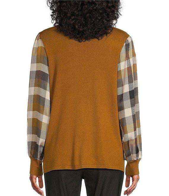 Multiples Mixed-Media Scalloped Neck Long Plaid Sleeve Fitted Sweater Product Image