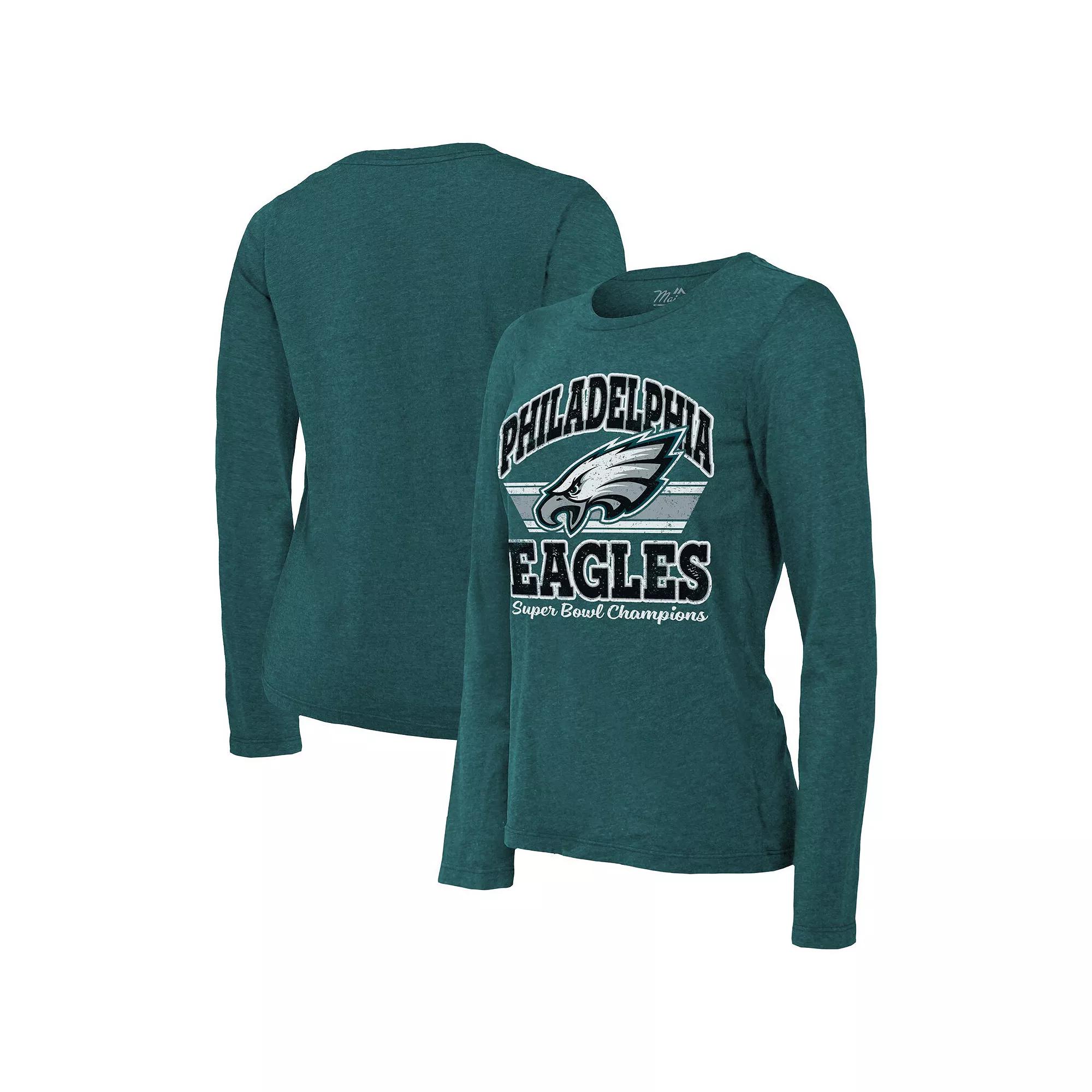 Womens Majestic Threads Midnight Philadelphia Eagles Super Bowl LIX Champions Coffin Corner Boyfriend Long Sleeve Tri-Blend T-Shirt Product Image