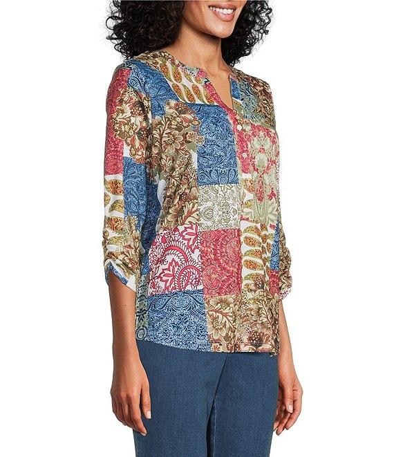 Allison Daley Petite Botanical Patchwork Print 3/4 Sleeve Henley Neck Knit Top Product Image