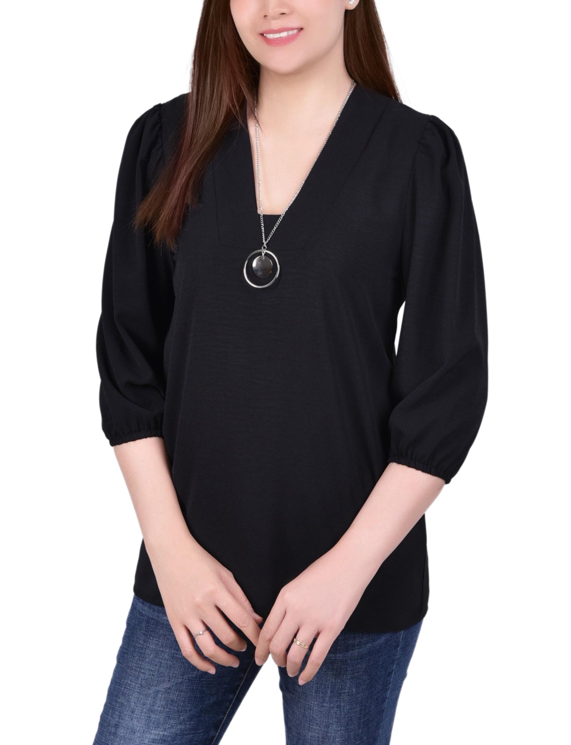 Black 3/4 Sleeve Blouse With Necklace - Petite Product Image