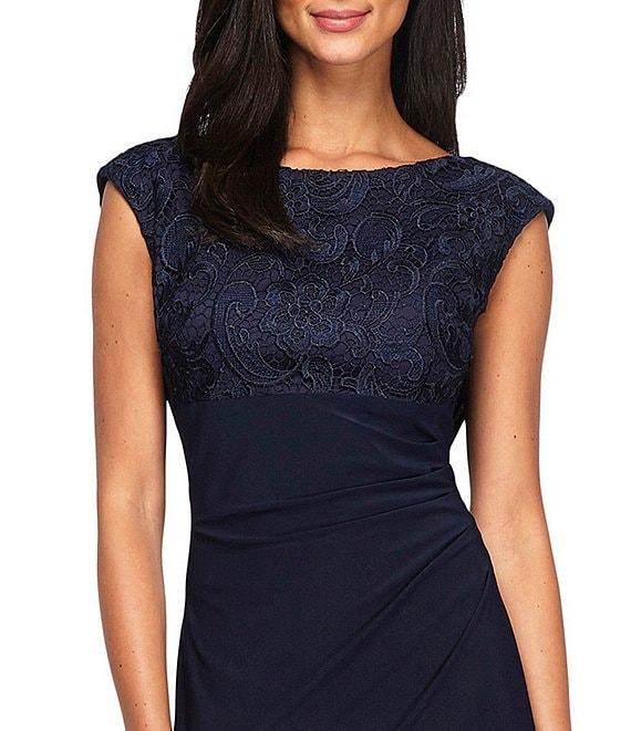Alex Evenings Soutache Floral Lace Boat Neck Cowl-Back Cap Sleeve Ruched Gown Product Image