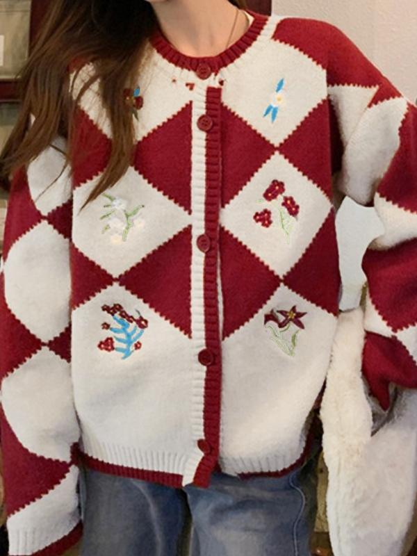Floral Embroidery Argyle Buttoned Cardigan Product Image