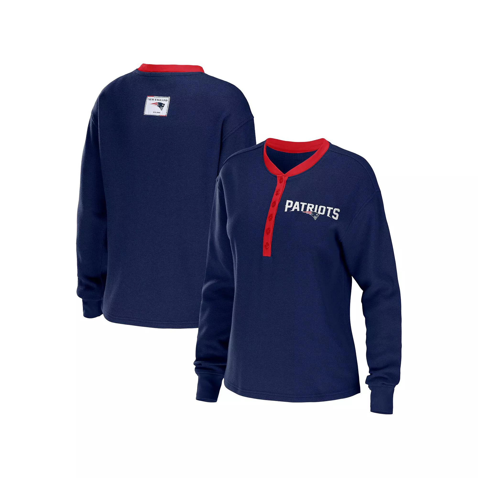 Women's WEAR by Erin Andrews Navy New England Patriots Waffle Henley Long Sleeve T-Shirt, Size: Large, Blue Product Image