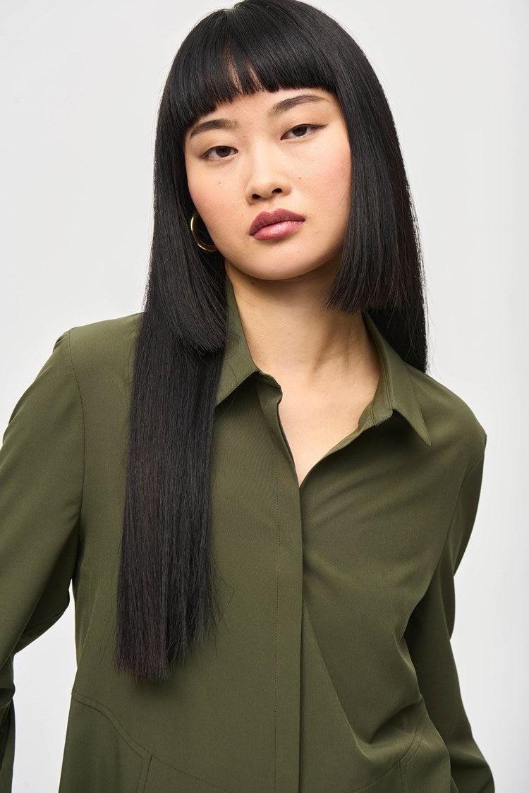 Woven Button-Down Blouse With Pockets - Iguana Product Image