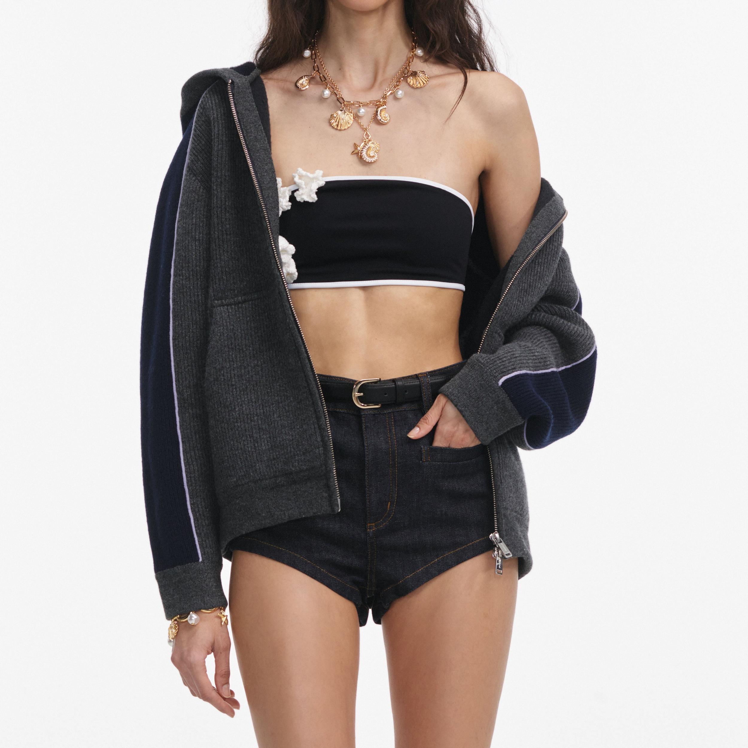 Grey Ribbed Knit Hoodie Product Image