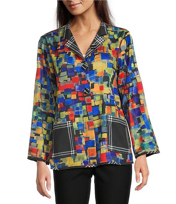 Ali Miles Woven Abstract Multi Print Stand Collar Long Sleeve Reversible Jacket Product Image
