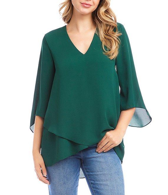Karen Kane Petite Size V-Neck 3/4 Sleeve Crossover Hem Silky Crepe Top Product Image