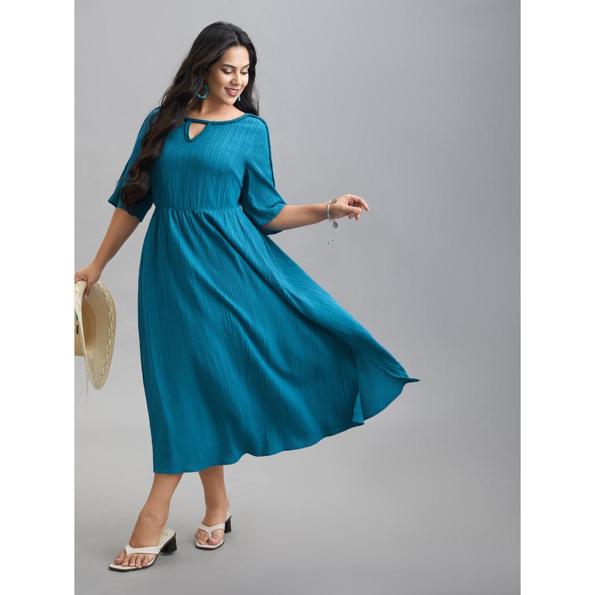 Plus Size Neck Cut-Out Textured Midi Dress Aegean Women Resort Woven ribbon&lace trim Round Neck Half Sleeve Curvy BloomChic 14-16/1X Product Image