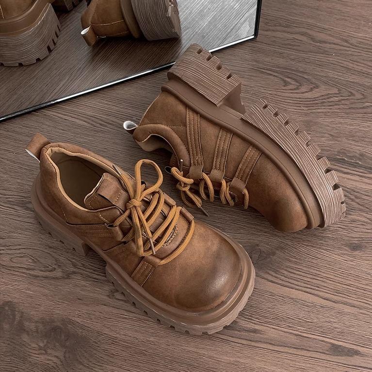 Platform Plain Lace-Up Faux Leather Shoes Product Image
