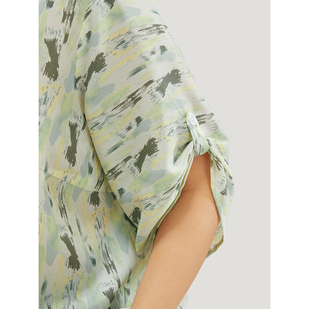 Plus Size LightGreen Brush Print Notched Neck Contrast Cuffed Sleeve Blouse Women Vacation Half Sleeve V-neck Dailywear Blouses BloomChic 18-20/2X Product Image