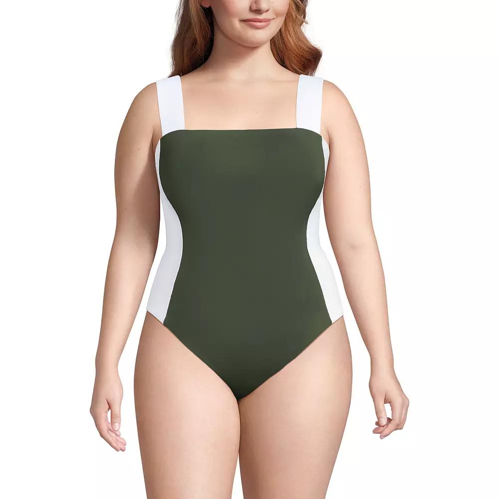 Plus Size Lands' End Square Neck High Leg One-Piece Swimsuit, Women's, Size: 24 W, Olive Green White Product Image