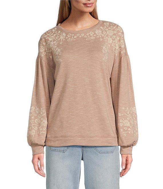 Nurture by Westbound Knit Long Sleeve Crew Neck Embroidered Sweatshirt Product Image